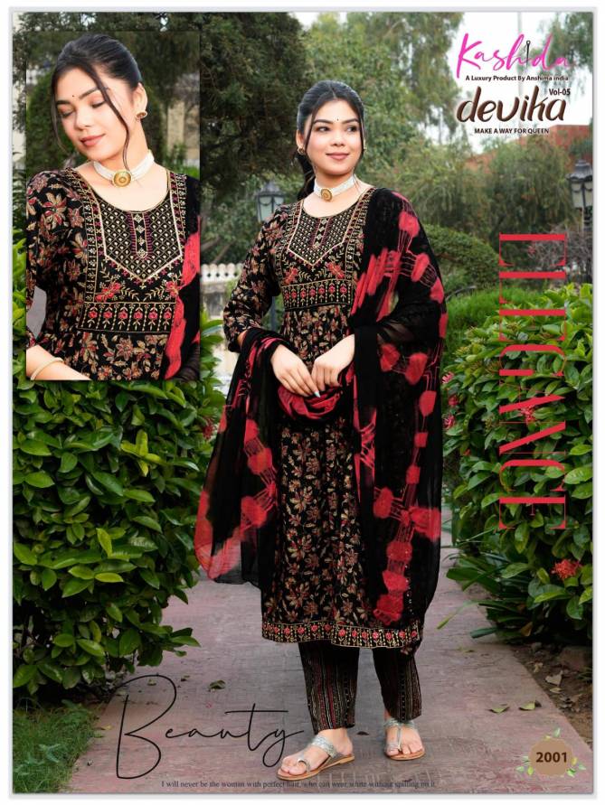 Devika Vol 5 By Kashida Capsule Foil Printed Naira Cut Kurti With Bottom Dupatta Wholesale Online